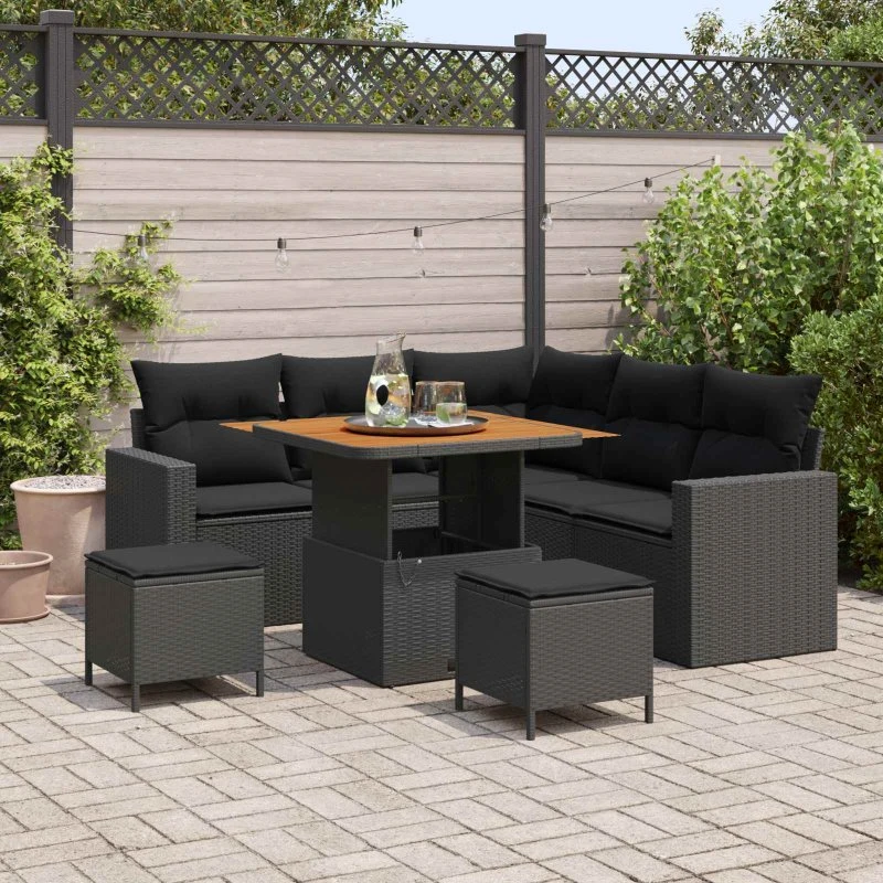 Havesofa sæt 8 dele i sort polyrattan og akacietræ