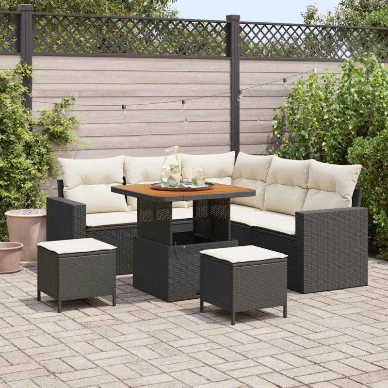 Havesofa sæt 8 dele i sort polyrattan og akacietræ