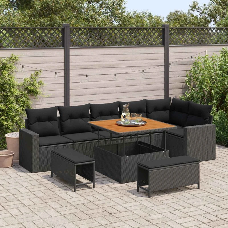 Havesofa sæt 9 dele i sort polyrattan