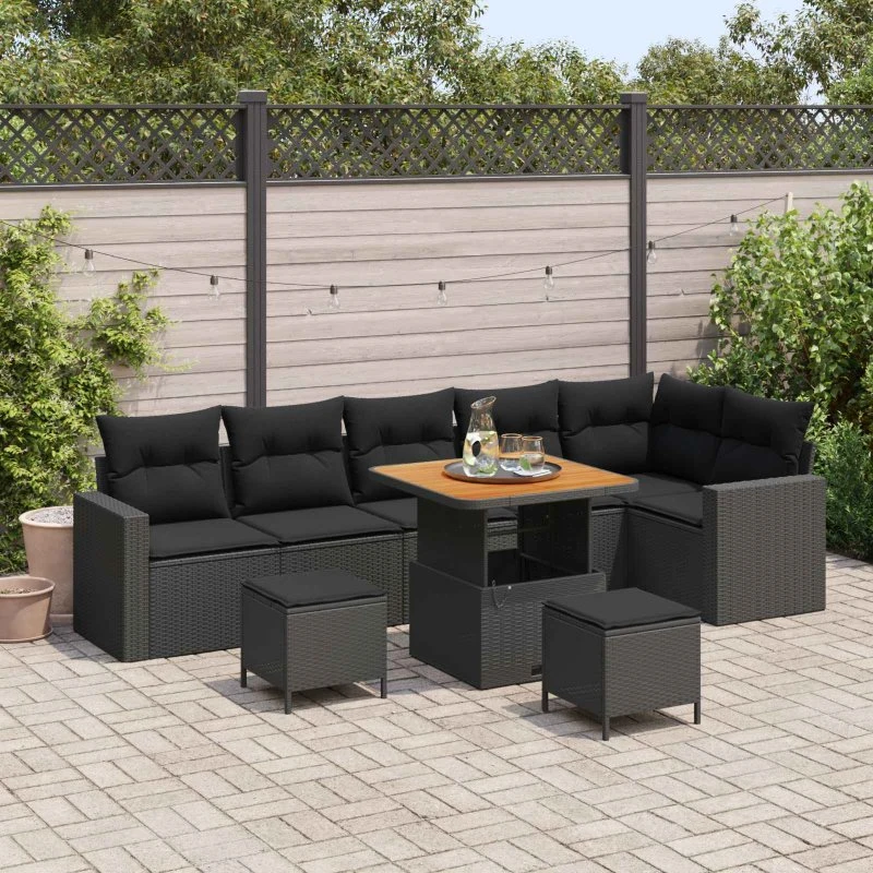 Havesofa sæt 9 dele i sort polyrattan