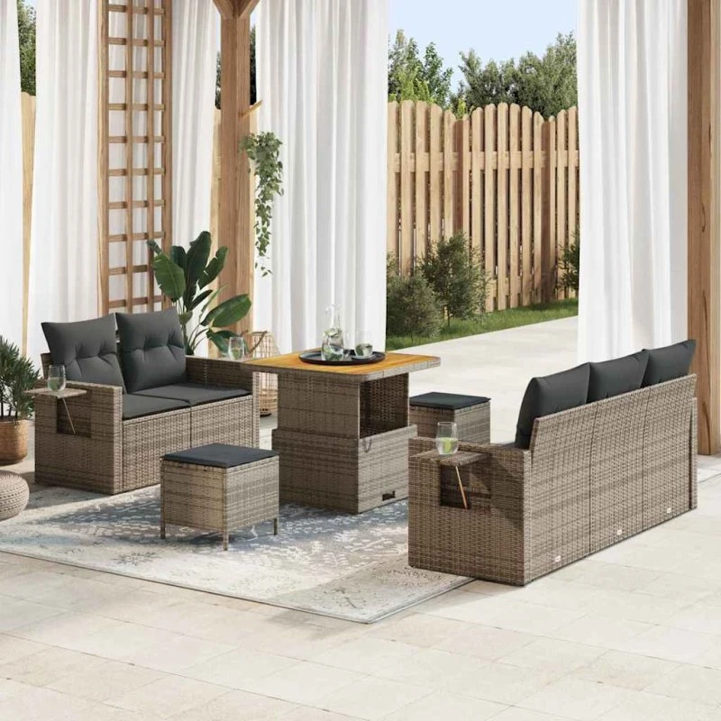 Havesofa sæt 8 dele i grå polyrattan med puder