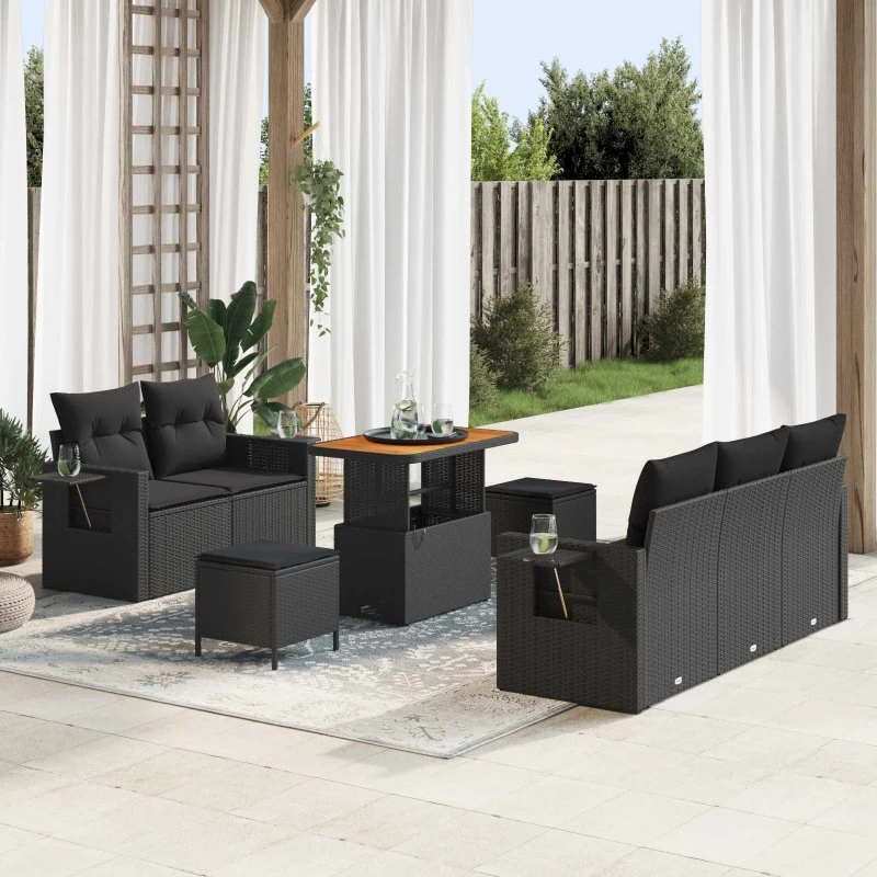 Havesofa sæt 8 dele - Sort polyrattan med puder