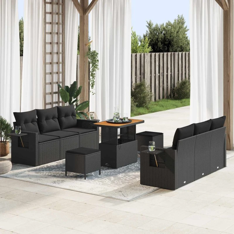 Modulært havesofa sæt 9 dele i sort polyrattan