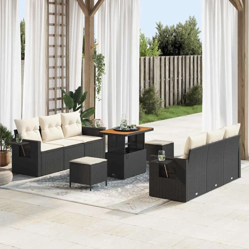 Havesofa sæt 9 dele i sort polyrattan med akacietræ