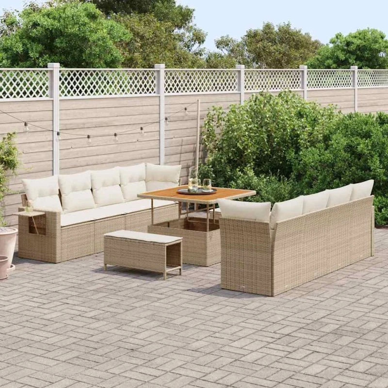 Havesofa sæt 11 dele - Beige poly rattan med opbevaring