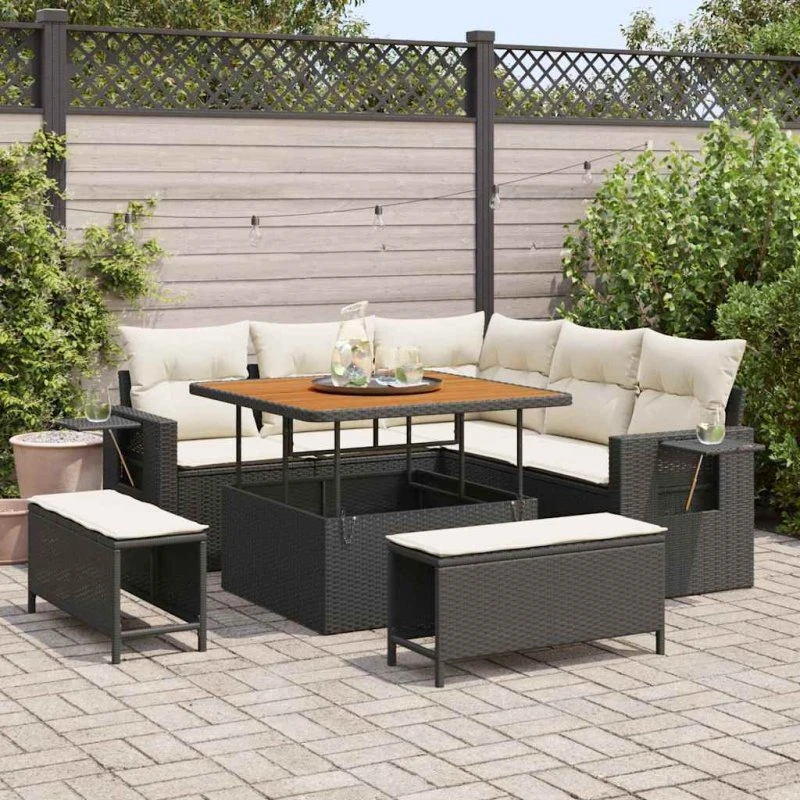 Havesofa Sæt 8-dele i Sort Polyrattan med Puder