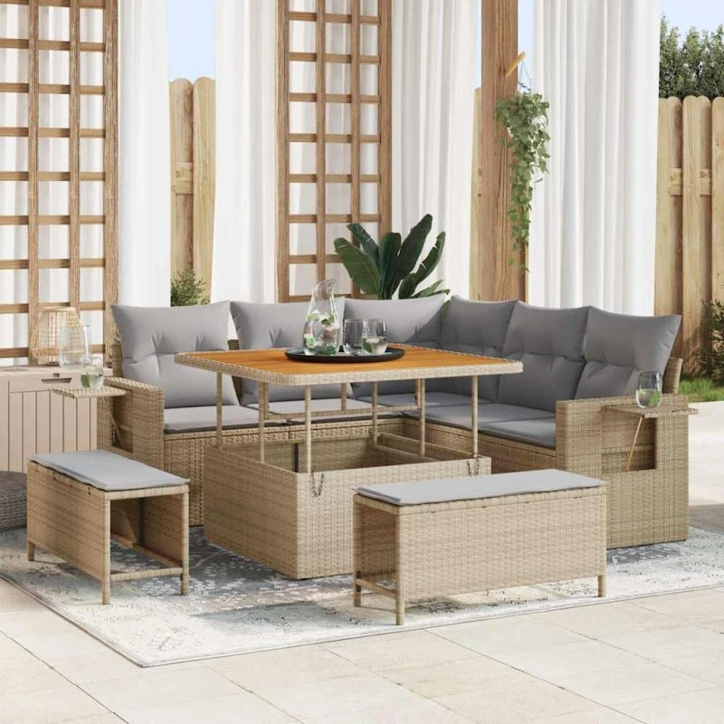 Havesofa sæt 8 dele - Beige polyrattan med puder