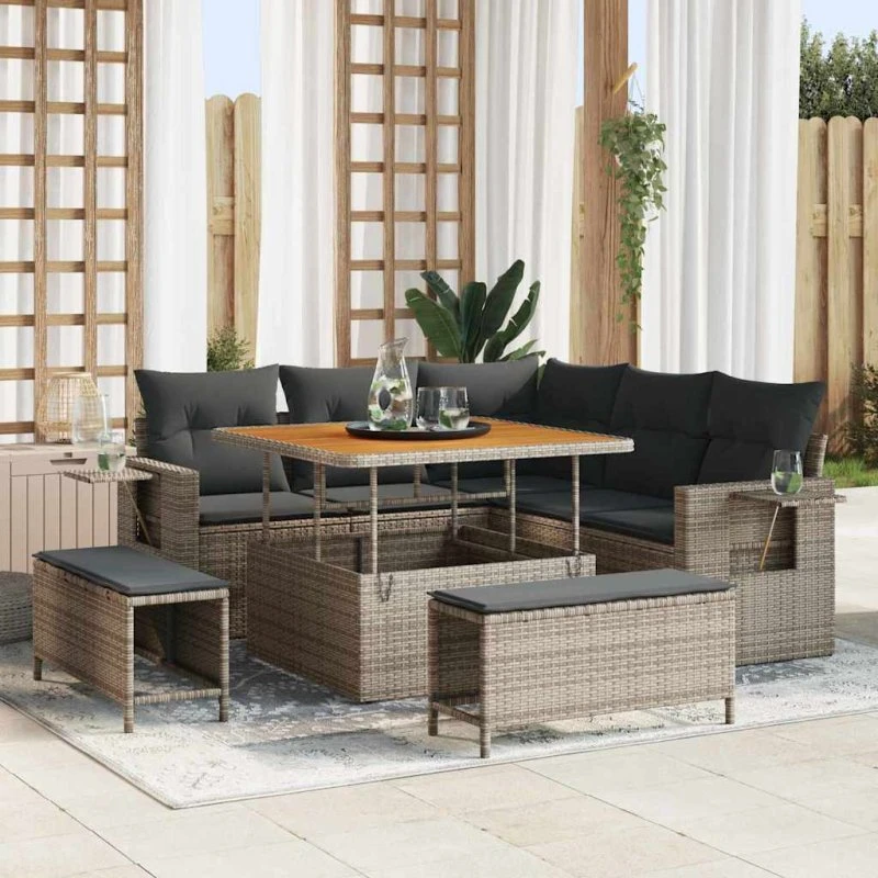 Havesofa sæt 8 dele i grå polyrattan med puder