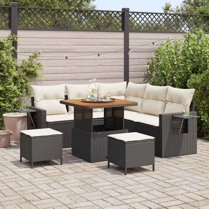Havesofa sæt 8 dele i sort polyrattan med puder