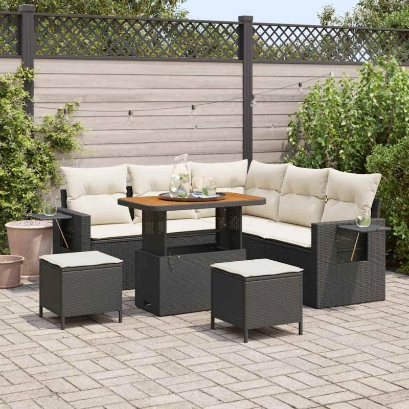 Havesofa sæt 8 dele i sort polyrattan med puder