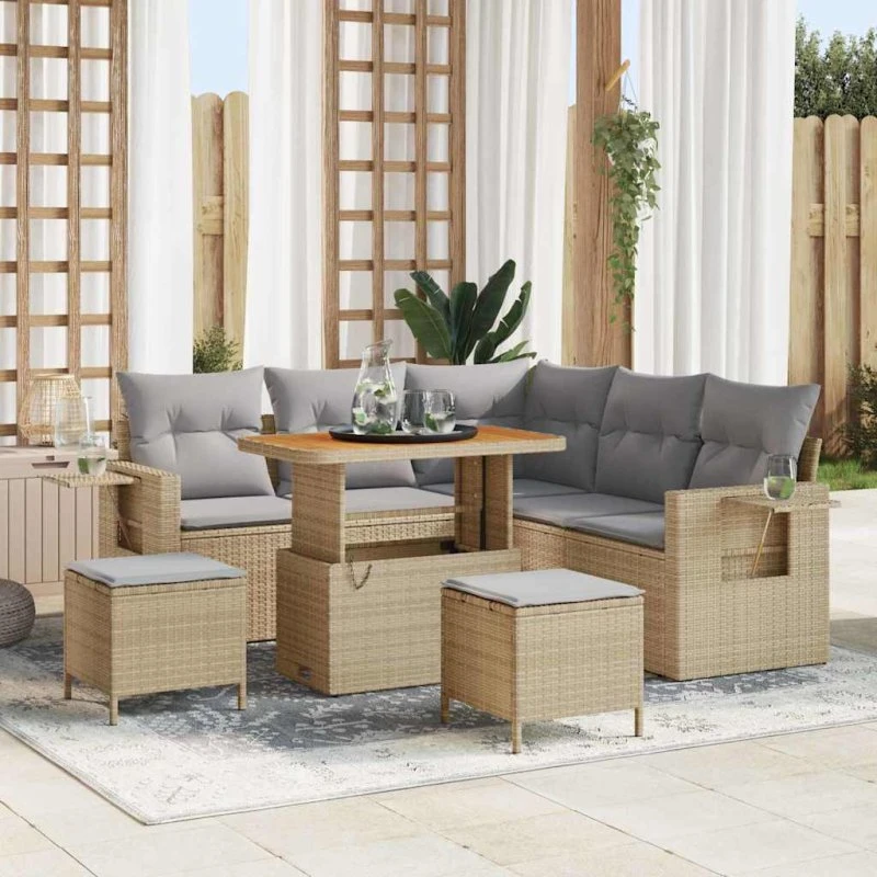 Havesofa sæt 8 dele i beige polyrattan - modulært & med pude