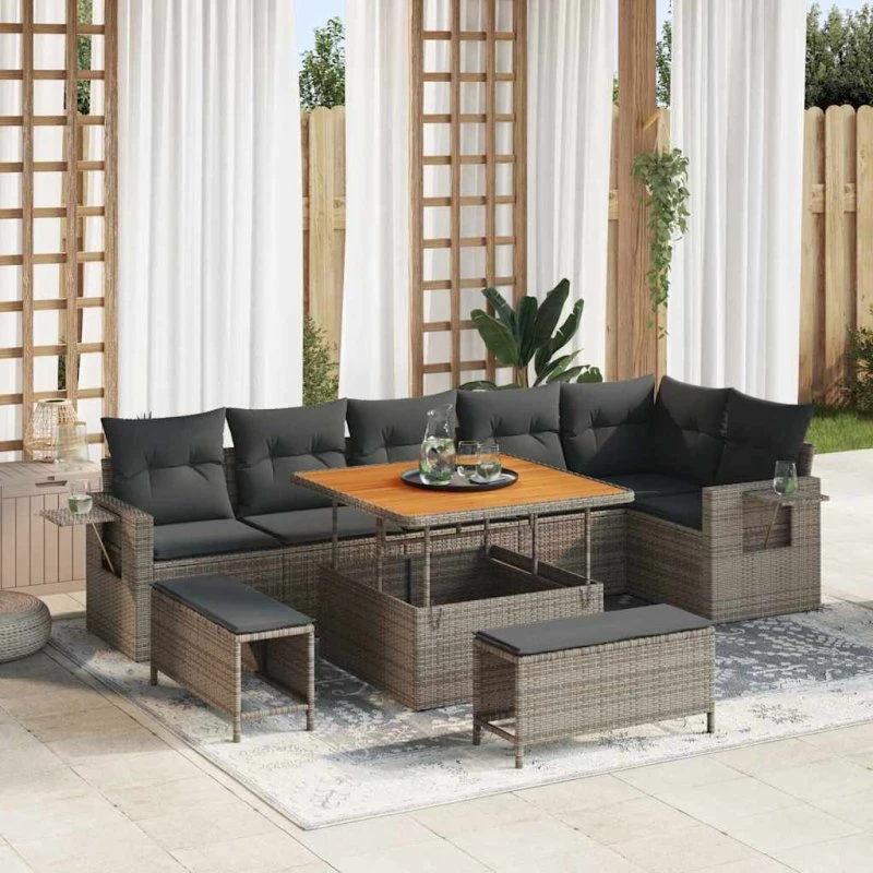 Havesofa sæt 9 dele i grå polyrattan og akacietræ