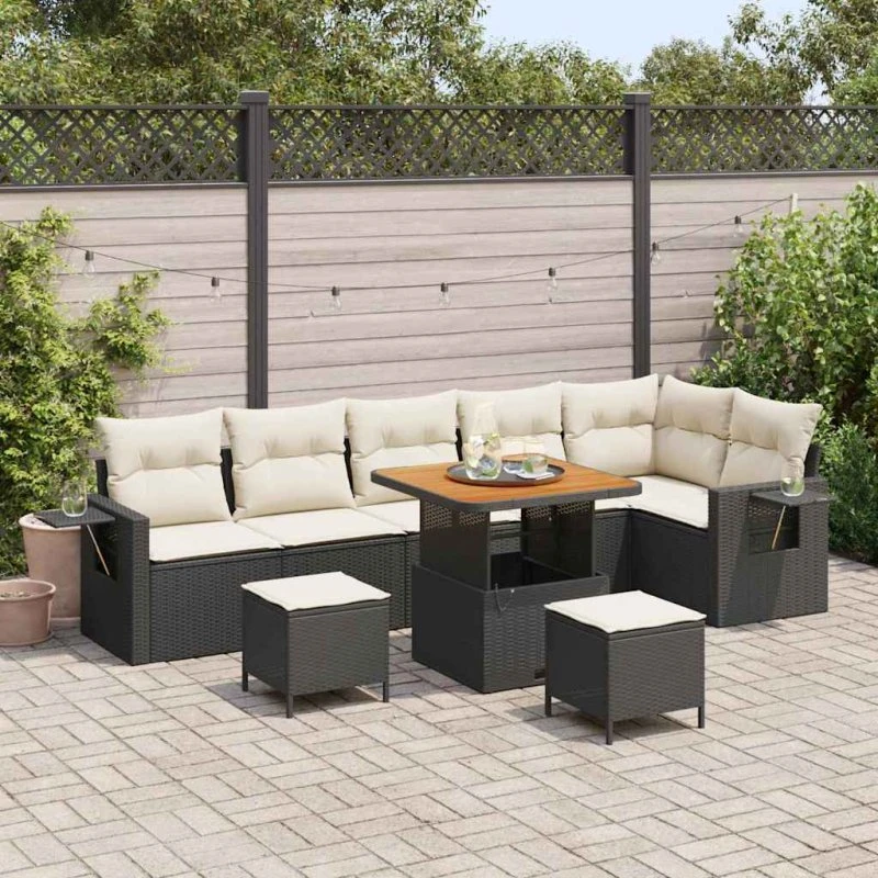 Havesofa sæt 9 dele i sort polyrattan og akacietræ