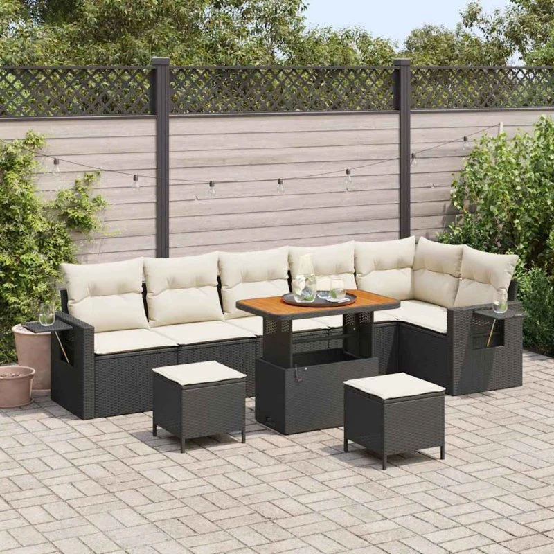 Havesofa sæt 9 dele i sort polyrattan og akacietræ