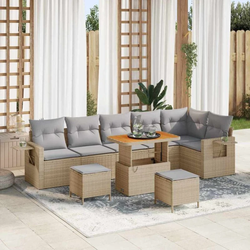 Havesofa sæt 9 stk beige polyrattan med akacietræ