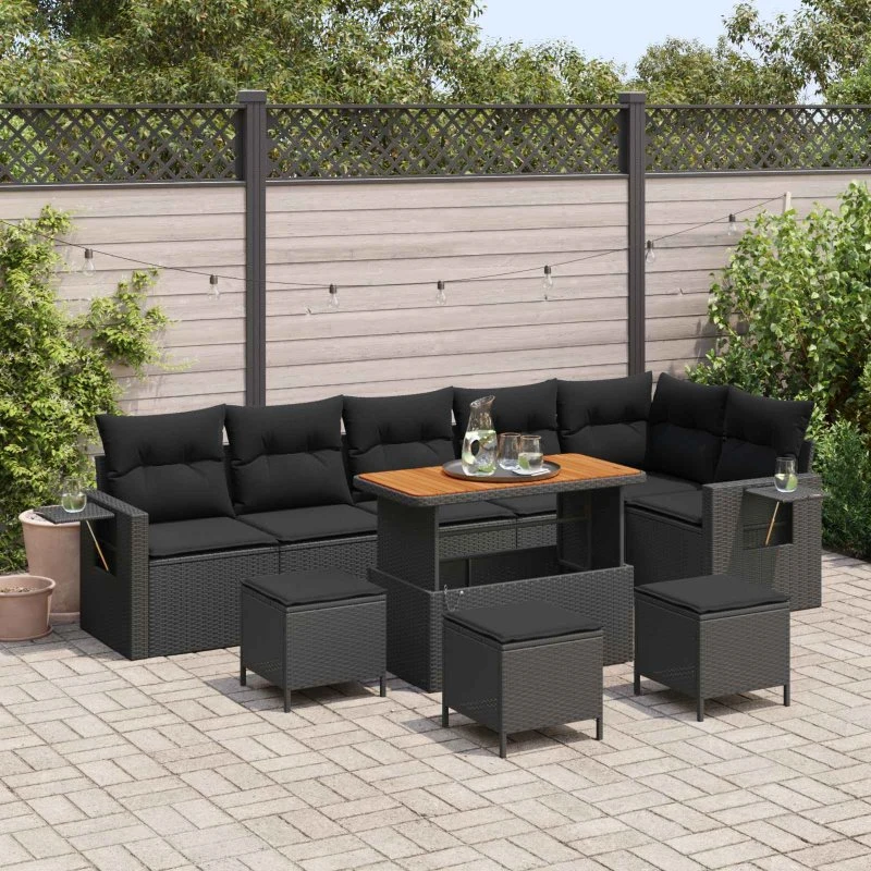 Havesofa sæt 10 dele i sort polyrattan og akacietræ