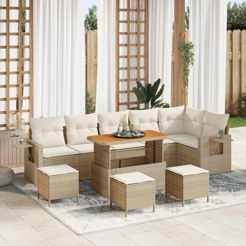 Havesofa sæt 10 dele i beige polyrattan og akacietræ
