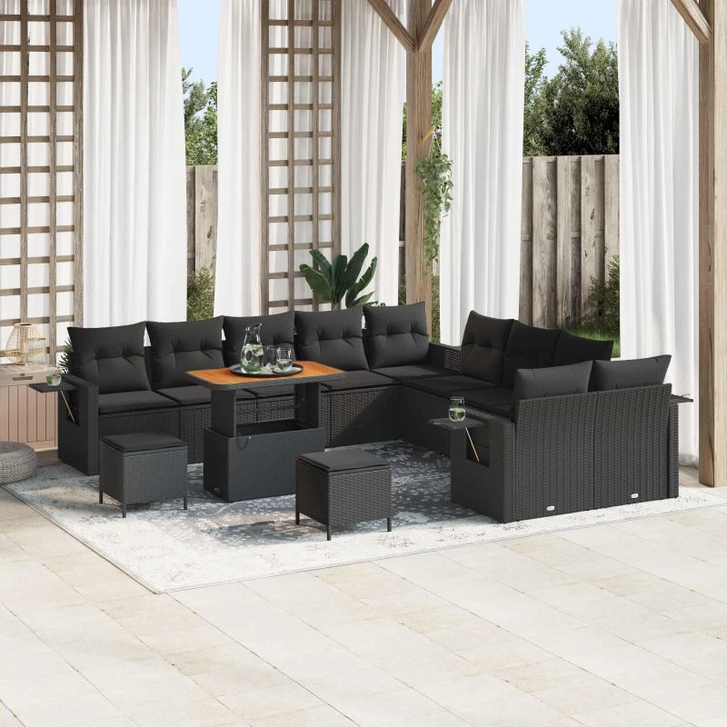 Havesofa sæt 13 dele i sort polyrattan & akacietræ