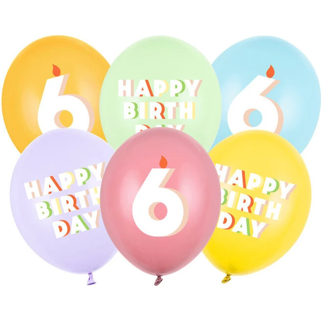 Pastelballoner 6 stk. 30 cm – Latex, '6' & Happy Birthday