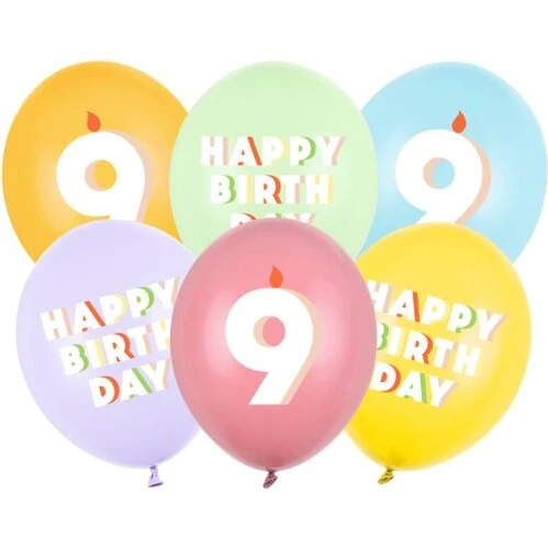 PartyTime 6 stk Pastelballoner 30 cm – 9 år (3×9, 3×Happy Birthday)