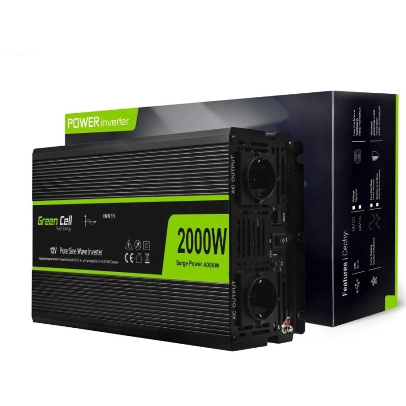 Green Cell 2000W strøminverter 12V til 230V, sort