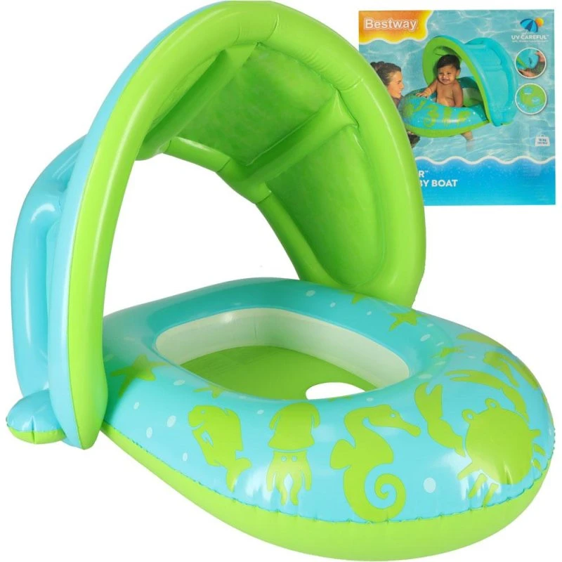 Bestway 34091 Baby Swimming Circle Inflatabel Badering med Solskærm, Grøn/Blå, 80×85 cm