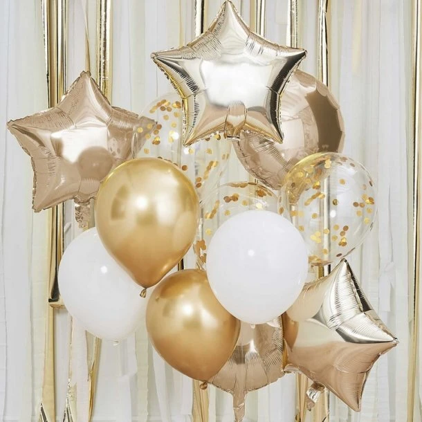 Ballonmix transparent/hvid/guld, 12 stk.