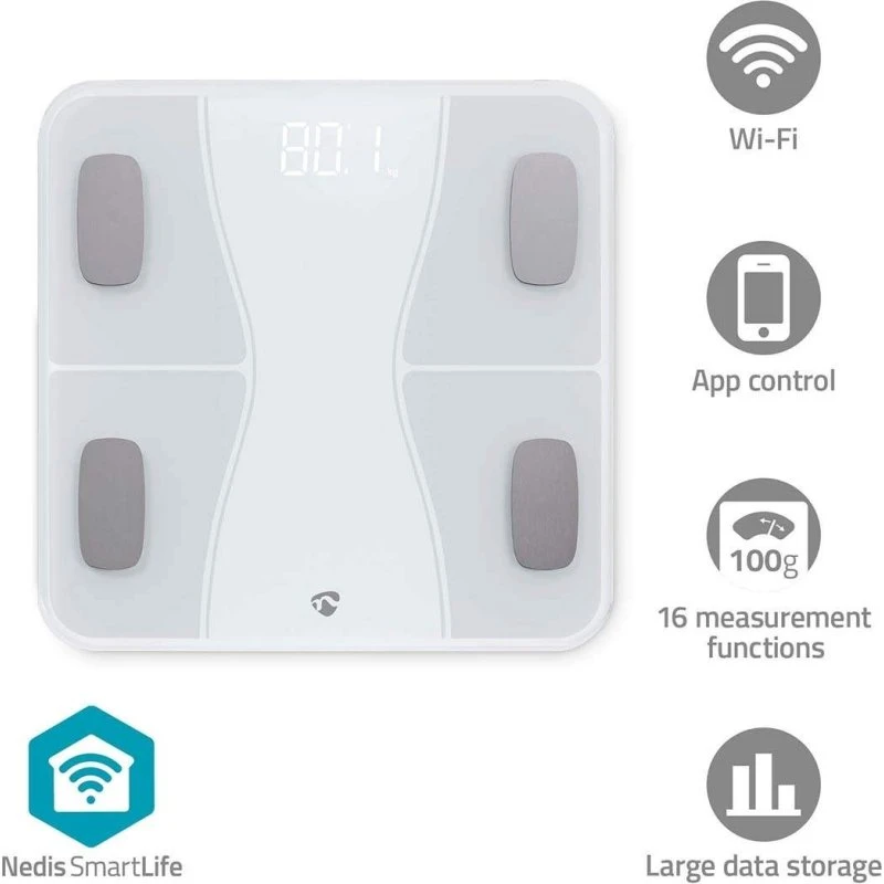 Nedis SmartLife Personvægt | Bluetooth® | 12 Funktioner | Hvid | 180 kg