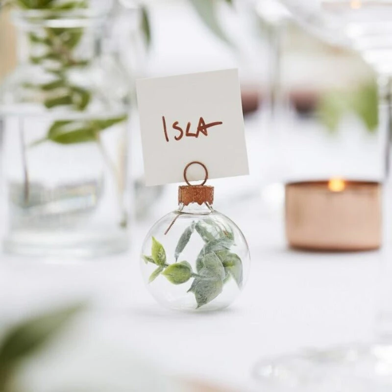 Bordkortholdere 6 stk. – Glaskugler med eucalyptus, 4 cm