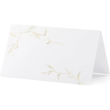 Bordkort i hvidt papir med guldfarvede grene, 10 stk, 9,5x5,5 cm