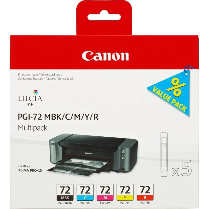 Canon PGI-72 Multipakke (5 stk.) – Mat sort, cyan, magenta, gul, rød