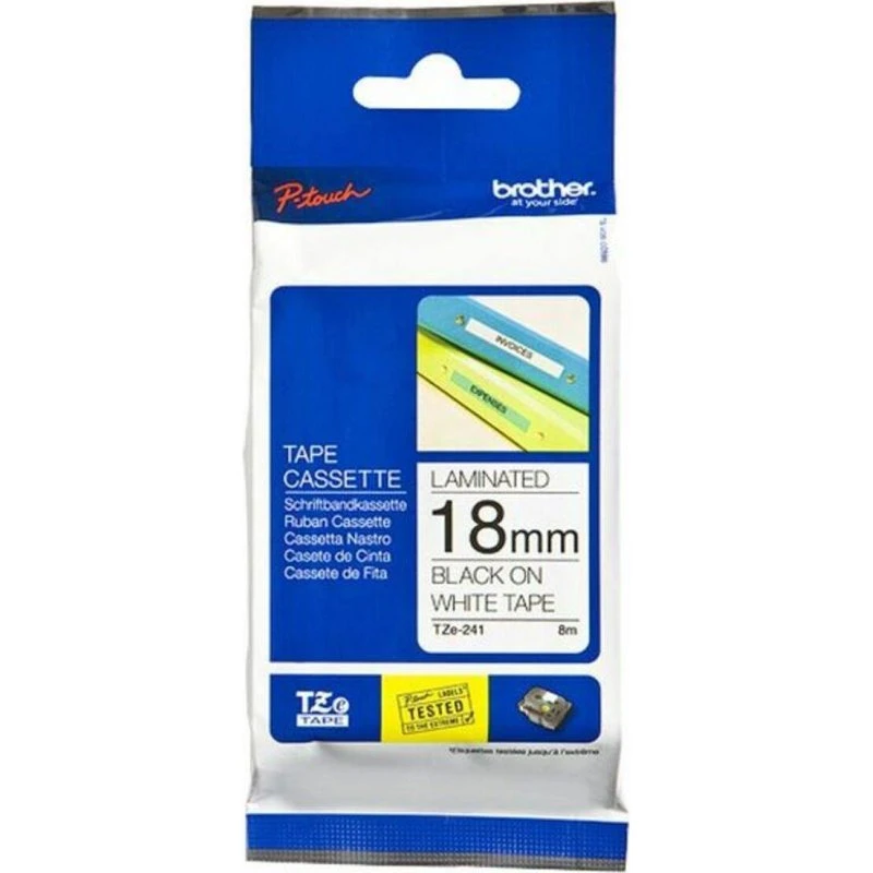 Brother TZe-241 Lamineret Etiketbånd 18 mm x 8 m, Sort på Hvid