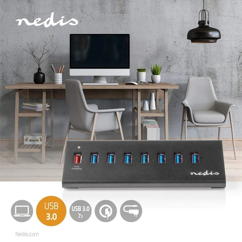 Nedis UHUBUP3810BK USB 3.2-hub 8-port med QC3.0, sort