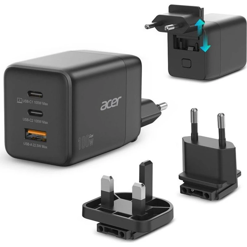 Acer 100 W GaN Hurtigoplader 2x USB-C + USB-A, Sort