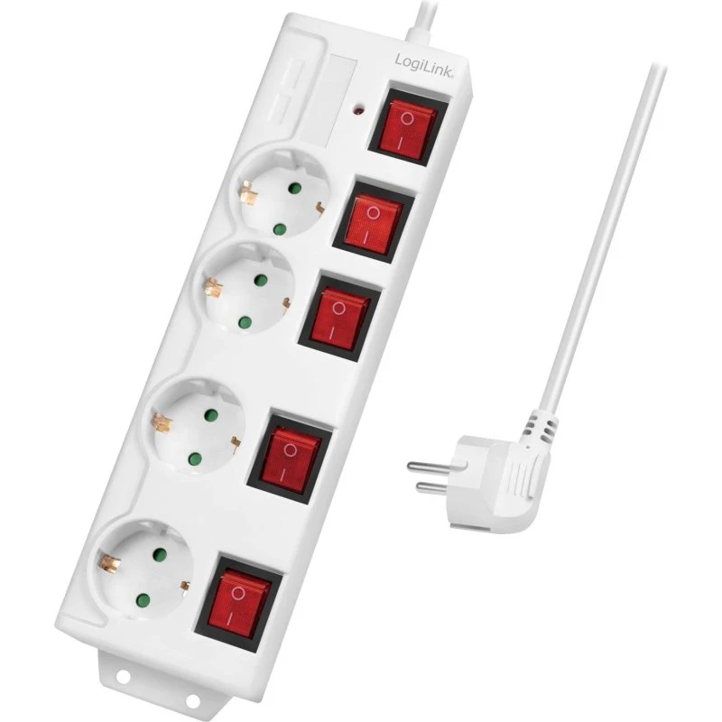 LogiLink 4-vejs stikkontakt med afbryder, hvid, 1,5 m