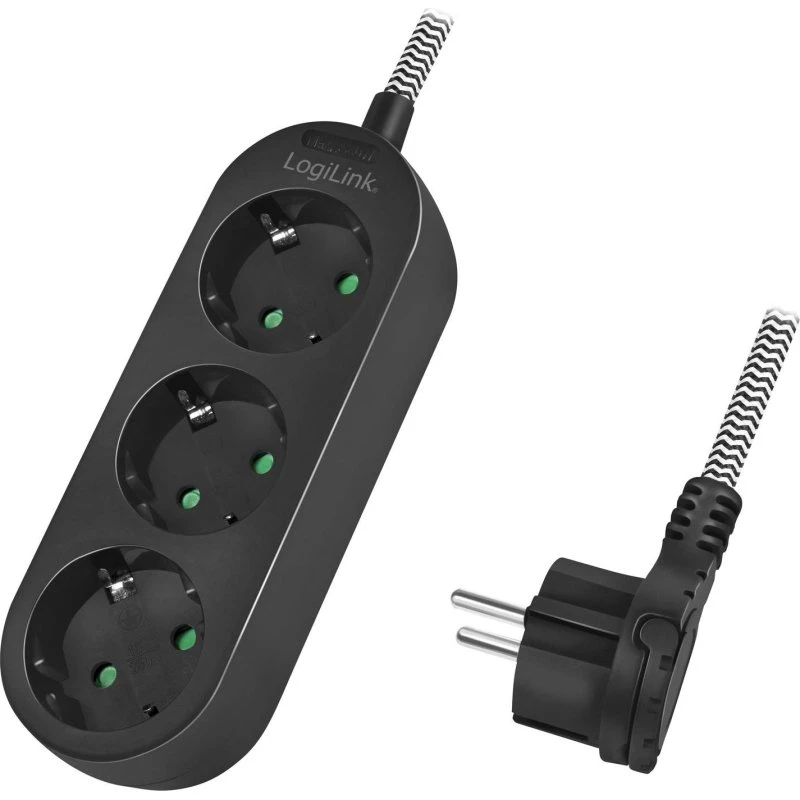 LogiLink 3-vejs udtag med tekstilkabel, sort/hvid, 1,5m