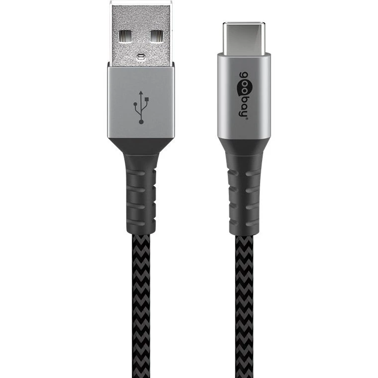 Goobay USB-C til USB-A 0,5 m tekstilkabel med metalkontakter, sort/sølv