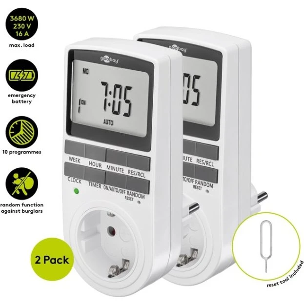 Goobay Digital Timer Set 2 stk, hvid, med skyddsjord (Type F)