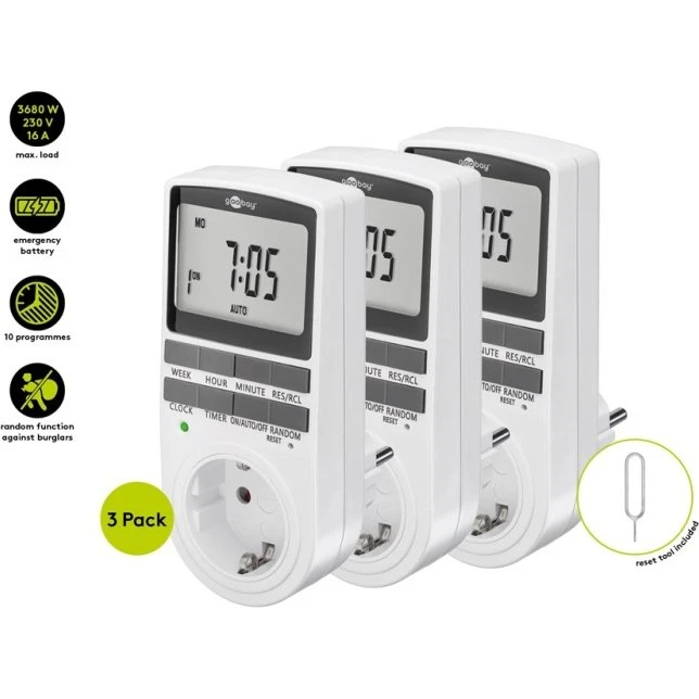 Goobay Digital Timer 3-stk. med EU-jord, hvid