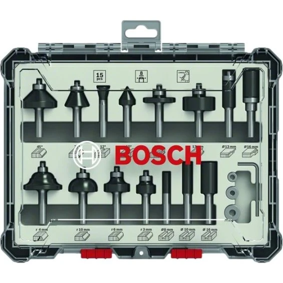 Bosch Fræsningsskærerbit Sæt 15 stk, 8 mm Skaft, Til Træ & Hardwood