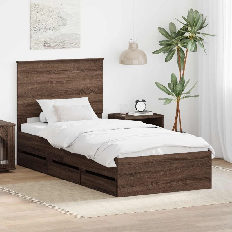 vidaXL Sengestel med skuffe 90x200 cm Brun Ingeniørtræ