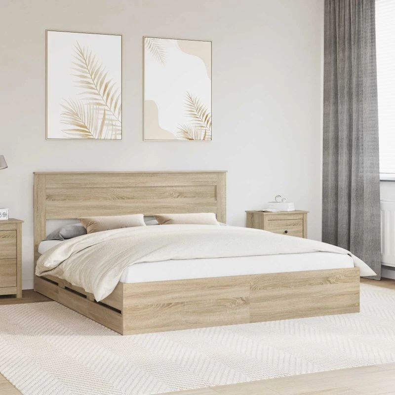 vidaXL Sengestel med skuffe 200x200 cm Sonoma eg Ingeniørtræ