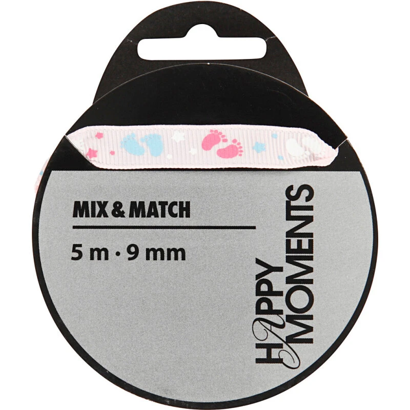 Dekorationsbånd 9 mm x 5 m, rosa – grosgrain med motiv