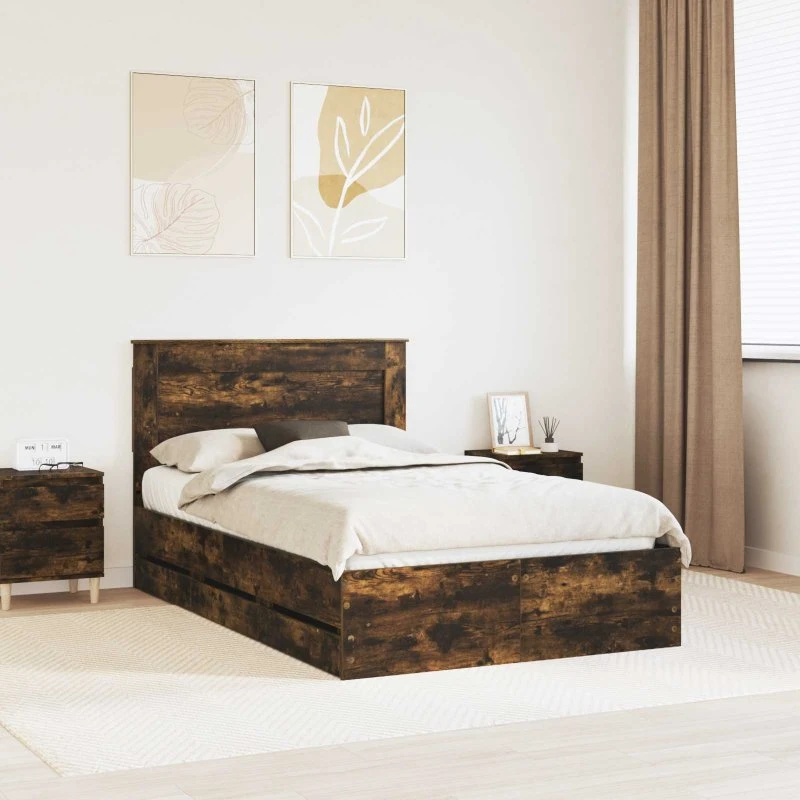 vidaXL Sengestel med skuffe 135 x 190 cm, røget eg, ingeniørtræ