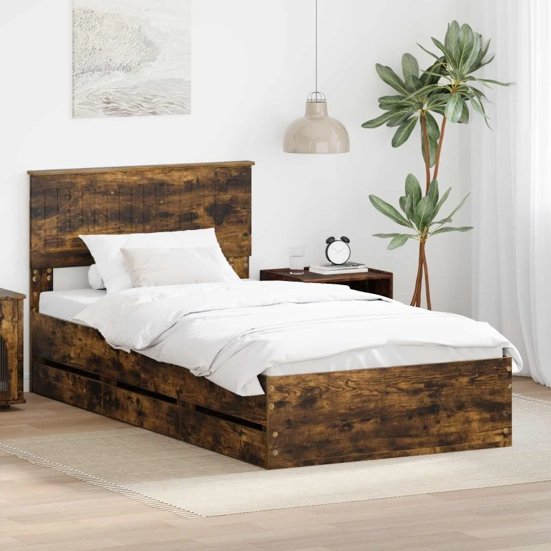 vidaXL Sengestel med skuffe 100 x 200 cm, røget eg, Ingeniørtræ