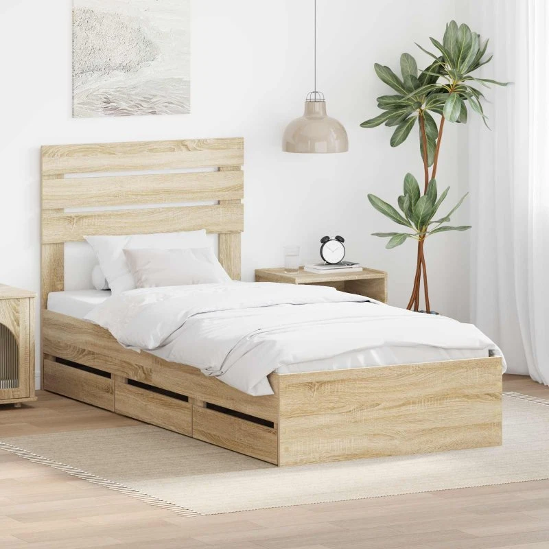 vidaXL Sengestel med Skuffe Sonoma Eg 90 x 200 cm, Ingeniørtræ