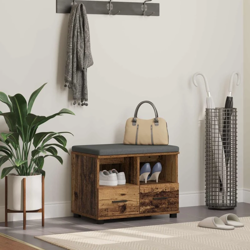 vidaXL Hallbænk Gammelt Træ 60x38x46 cm med Skuffe og Pude