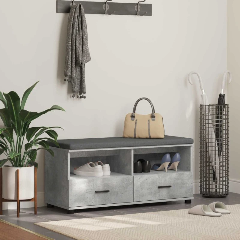 vidaXL Hallbænk Beton Grå 100 x 38 x 46 cm med skuffe og pude