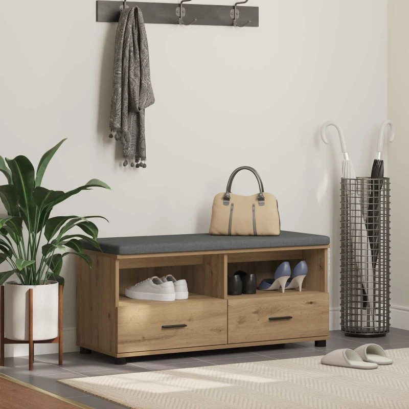 vidaXL Hallbænk Artisan Egetræ 100 x 38 x 46 cm med skuffe og pude