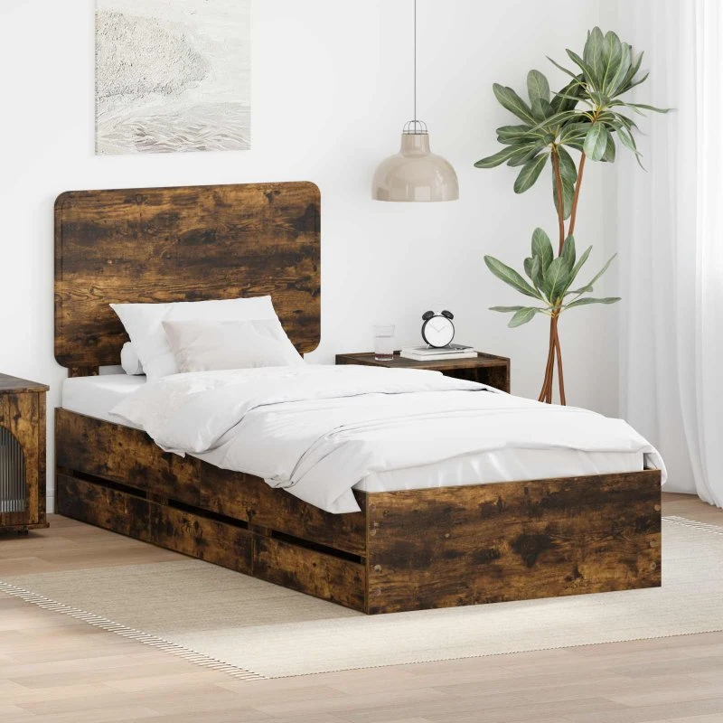 vidaXL Sengestel med skuffe 90 x 190 cm, røget eg, ingenørtræ